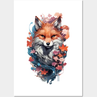 fox artwork with sakura flower Posters and Art